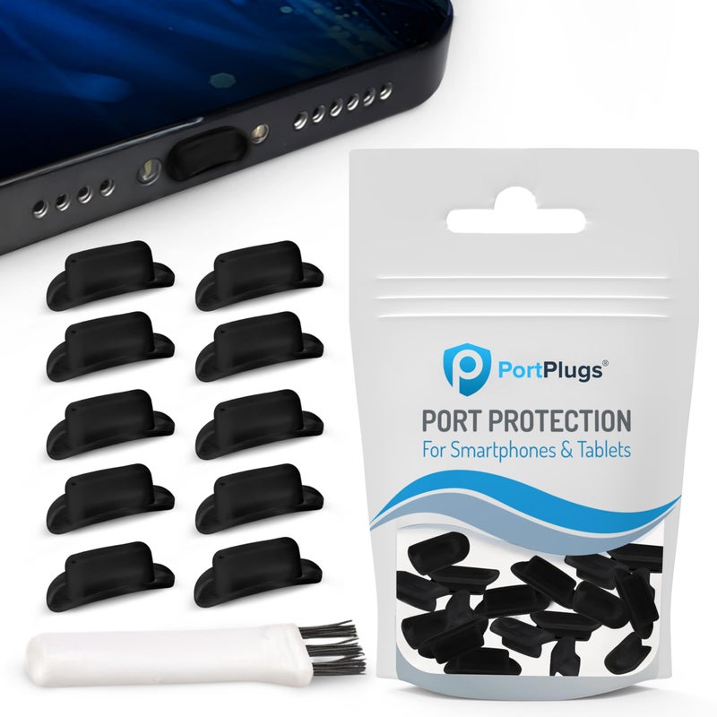 PortPlugs Dust Plugs Compatible with iPhone 11, XS, XR, X, 8, 7 - Curved Bezel Lightning Port Covers for Dust, Dirt, Lint - Include Cleaning Brush | Black (10-Pack) - Image 1
